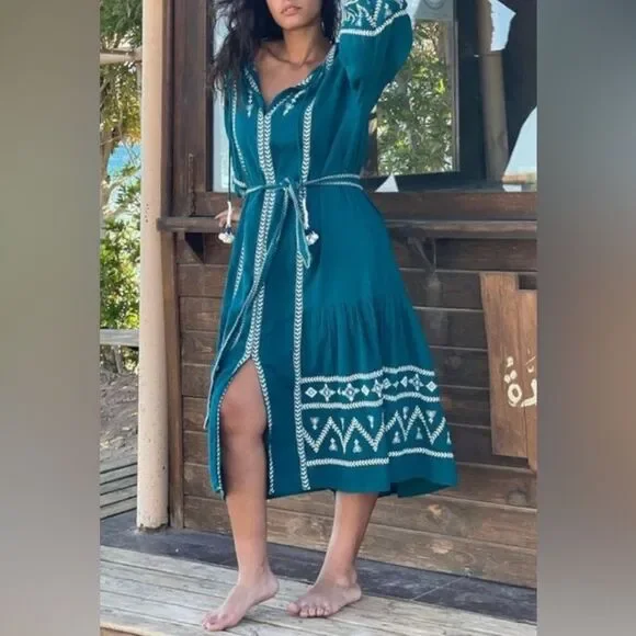 green emerald velvet dress ZARA Women's White Embroidered Deep V-Neck Long Sleeve Boho Short Dres   Brie